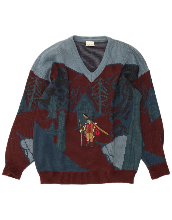 Angelo Litrico Mens V-Neck Jumper Sweater XL Burgundy Colourblock Novelty