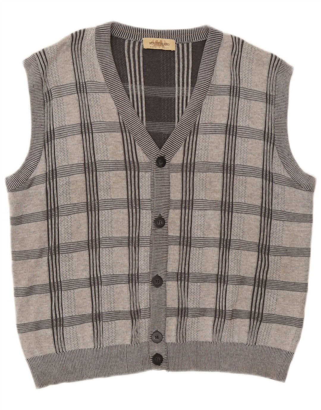 MONTECHIARO Mens Sleeveless Cardigan Sweater XL Grey Check