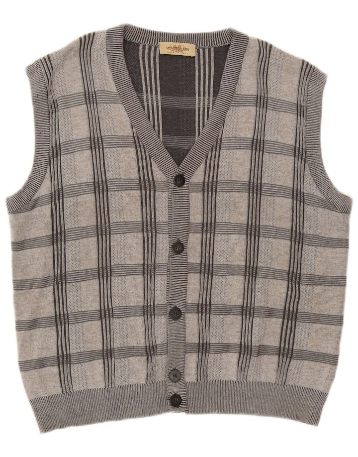 MONTECHIARO Mens Sleeveless Cardigan Sweater XL Grey Check