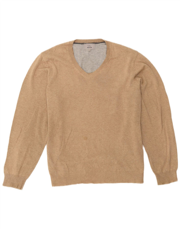 Marks & Spencer Mens V-Neck Jumper Sweater Large Beige Cotton