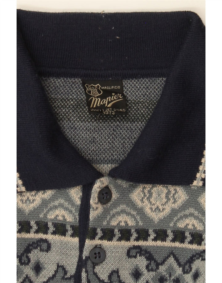 MAPIER Mens Polo Neck Jumper Sweater Medium Grey Fair Isle Wool Vintage Mapier and Second-Hand Mapier from Messina Hembry 