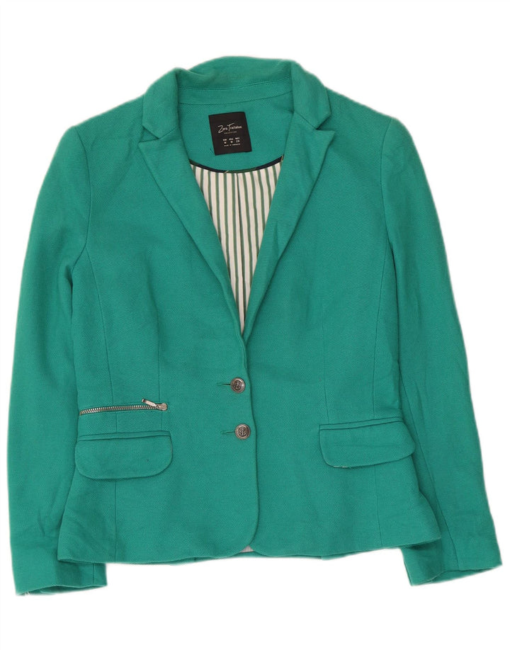 Zara Womens Crop 2 Button Blazer Jacket UK 12 Medium Green Cotton