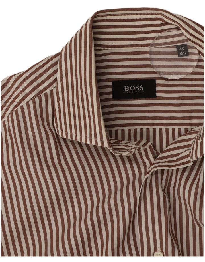 HUGO BOSS Mens Shirt Size 40 15 1/2 Medium Brown Pinstripe