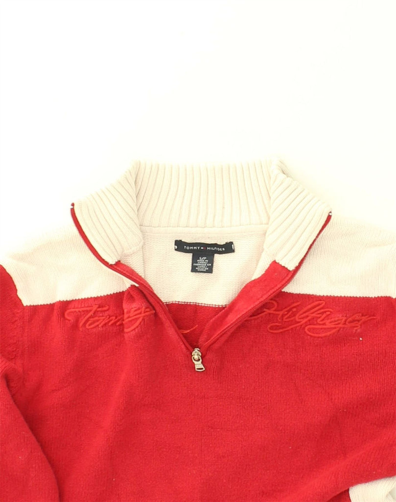 TOMMY HILFIGER Womens Graphic Zip Neck Jumper Sweater UK 10 Small Red | Vintage Tommy Hilfiger | Thrift | Second-Hand Tommy Hilfiger | Used Clothing | Messina Hembry 