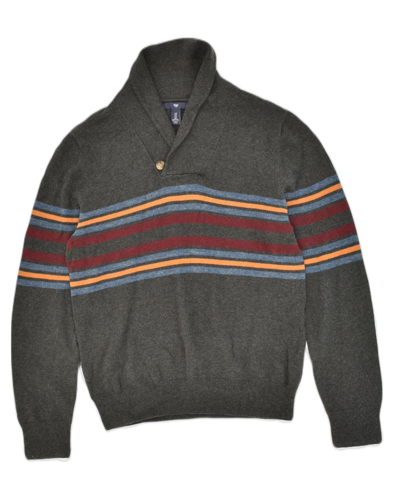 GAP Mens Shawl Neck Jumper Sweater Small Grey Striped Cotton | Vintage Gap | Thrift | Second-Hand Gap | Used Clothing | Messina Hembry 