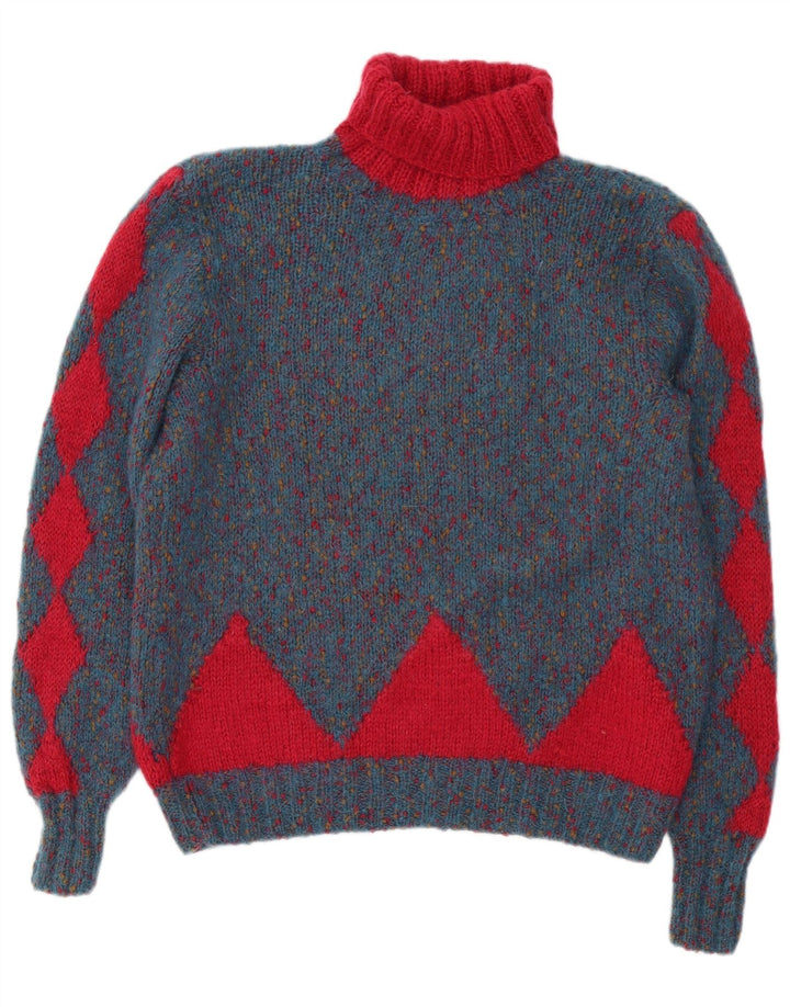 Vintage Womens Roll Neck Jumper Sweater UK 14 Large Blue Geometric