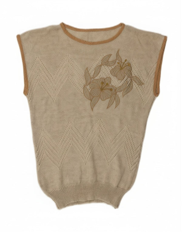 Vintage Womens Vest Tank Top UK 12 Medium Beige Floral Acrylic