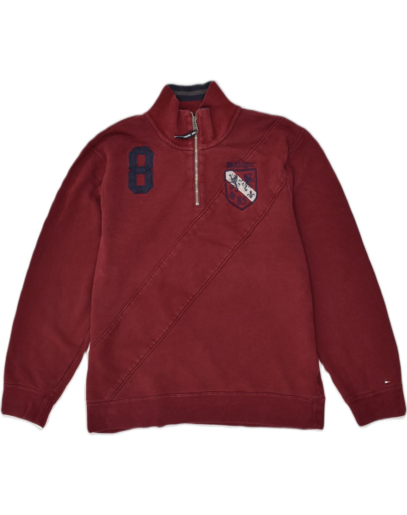 TOMMY HILFIGER Mens Zip Neck Sweatshirt Jumper Medium Maroon Cotton | Vintage Tommy Hilfiger | Thrift | Second-Hand Tommy Hilfiger | Used Clothing | Messina Hembry 