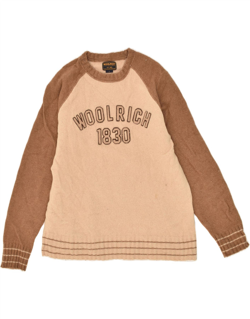 WOOLRICH Mens Graphic Crew Neck Jumper Sweater Large Beige Colourblock Vintage Woolrich and Second-Hand Woolrich from Messina Hembry 