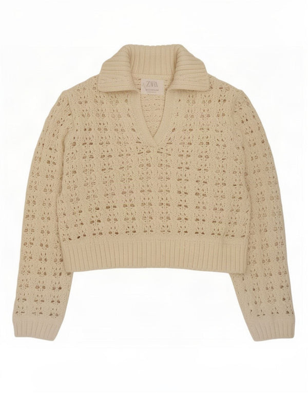Zara Girls Crochet Polo Neck Jumper Sweater 11-12 Years Beige Polyester