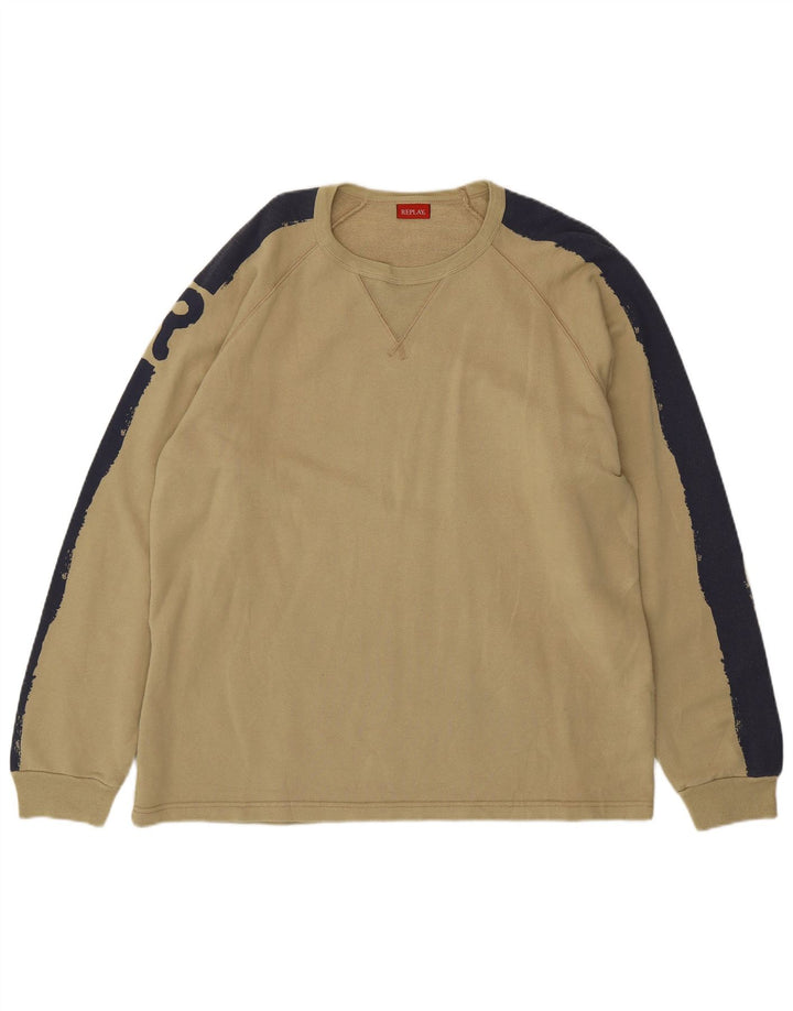 REPLAY Mens Sweatshirt Jumper XL Khaki Colourblock Cotton