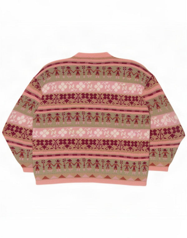 Vintage Womens Cardigan Sweater UK 18 XL Pink Fair Isle Acrylic