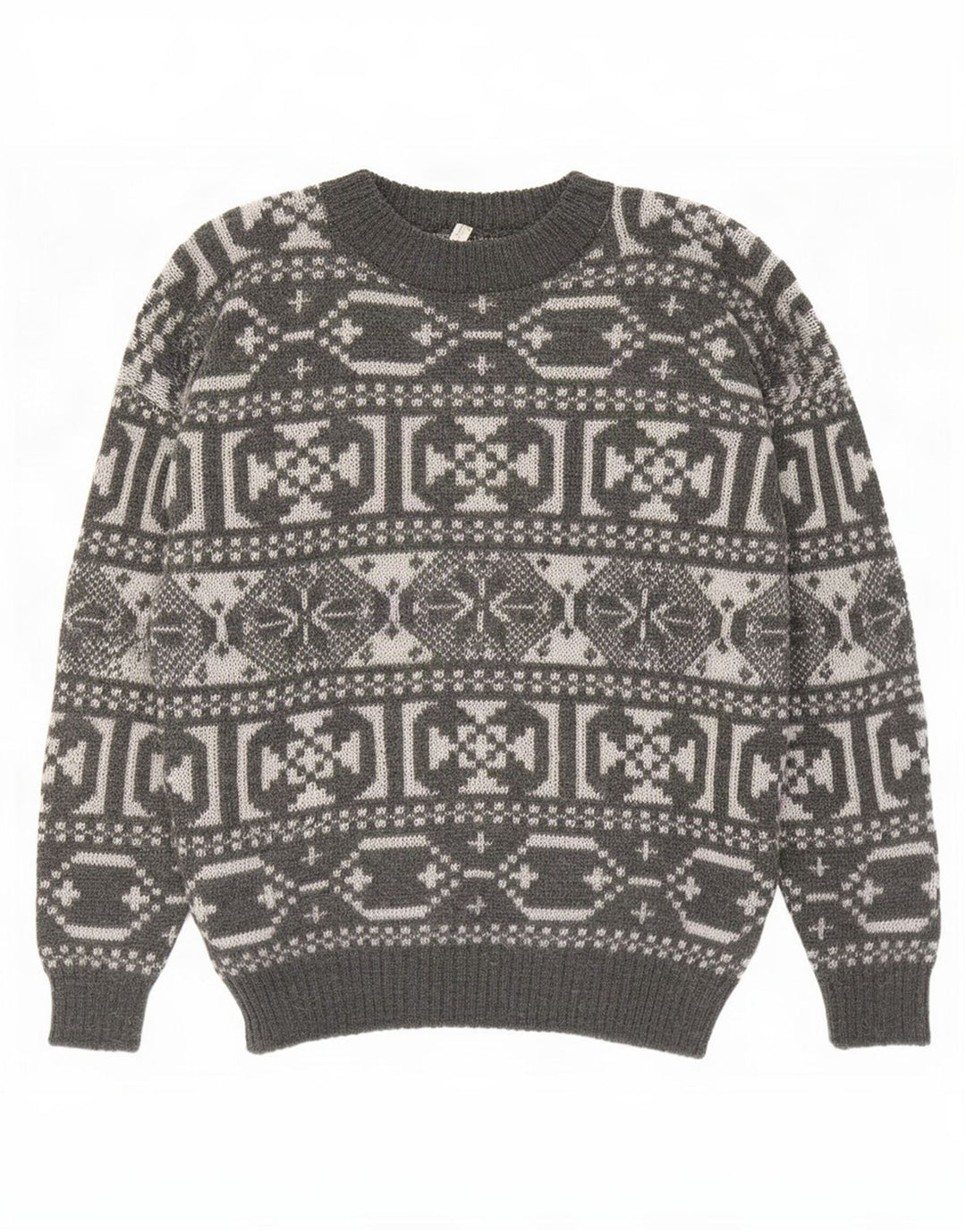 Vintage Mens Crew Neck Jumper Sweater Medium Grey Geometric Wool