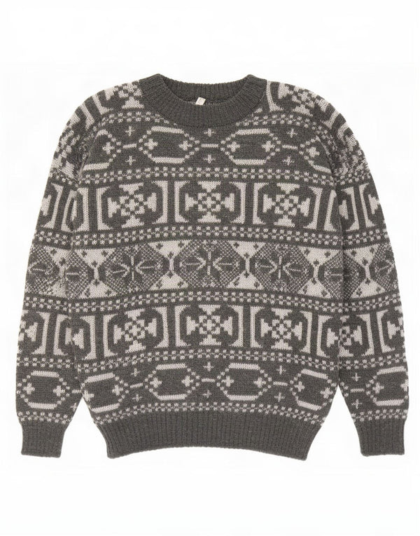 Vintage Mens Crew Neck Jumper Sweater Medium Grey Geometric Wool