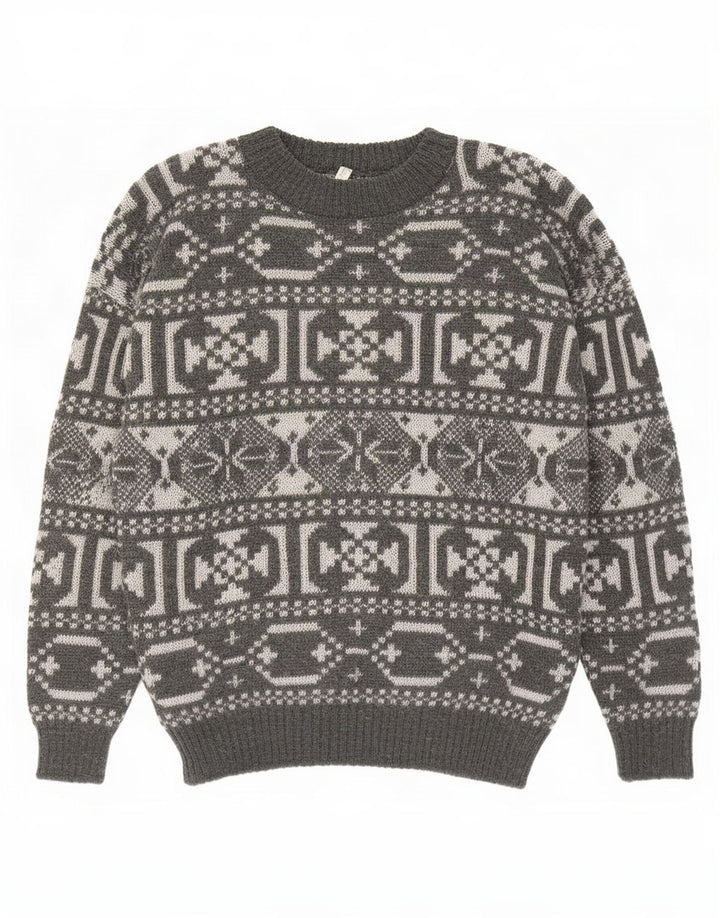 Vintage Mens Crew Neck Jumper Sweater Medium Grey Geometric Wool
