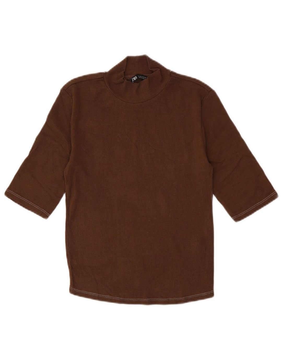 Zara Womens Crop Top 3/4 Sleeve UK 12 Medium Brown Cotton