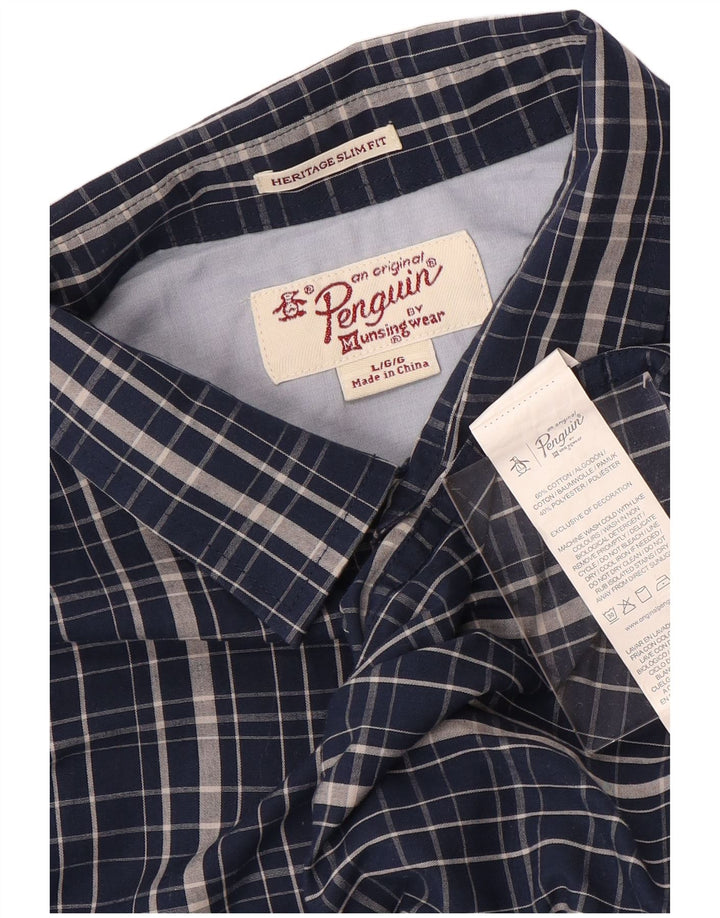 Penguin Mens Heritage Slim Fit Short Sleeve Shirt Large Navy Blue Check