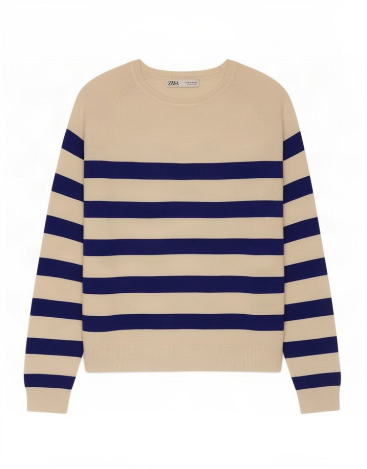 Zara Womens Top Long Sleeve UK 14 Medium Off White Striped