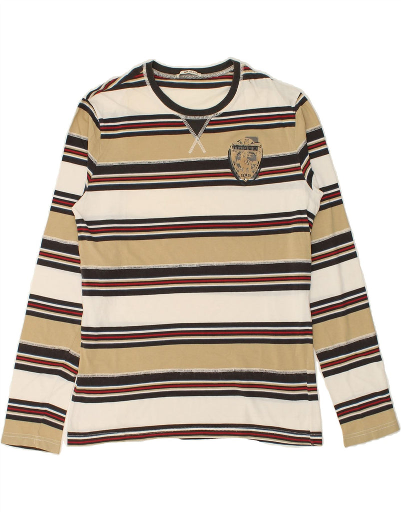 GAS Mens Top Long Sleeve Medium Beige Striped | Vintage Gas | Thrift | Second-Hand Gas | Used Clothing | Messina Hembry 