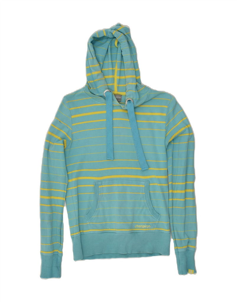 CHAMPION Womens Hoodie Jumper UK 12 Medium Turquoise Striped Cotton | Vintage Champion | Thrift | Second-Hand Champion | Used Clothing | Messina Hembry 