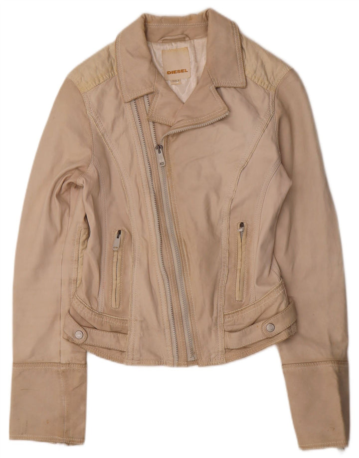 DIESEL Womens Crop Leather Biker Jacket UK 10 Small Beige Leather