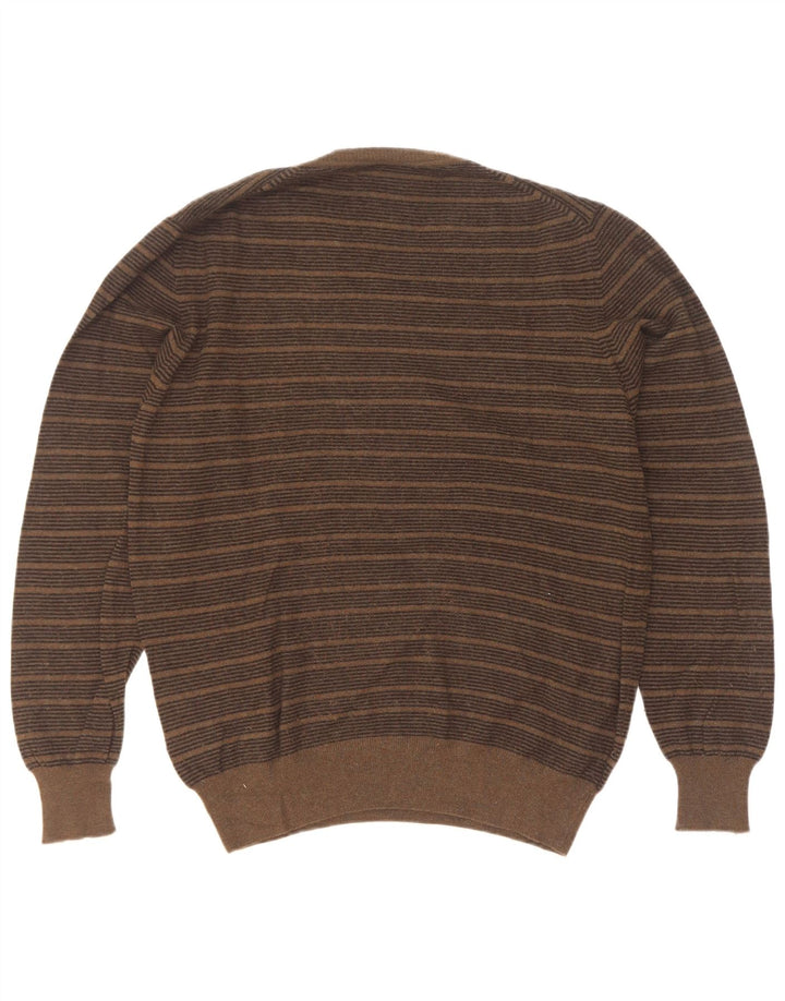 Fred Perry Mens V-Neck Jumper Sweater Medium Khaki Striped Wool