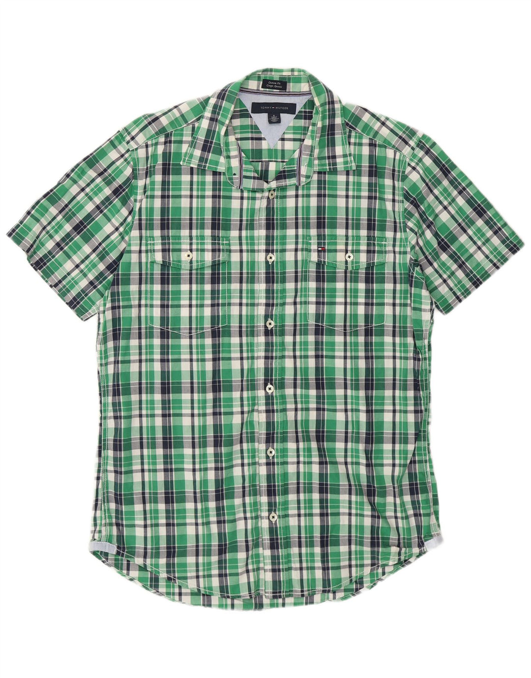 Tommy Hilfiger Mens Short Sleeve Custom Fit Shirt Medium Green Check Cotton