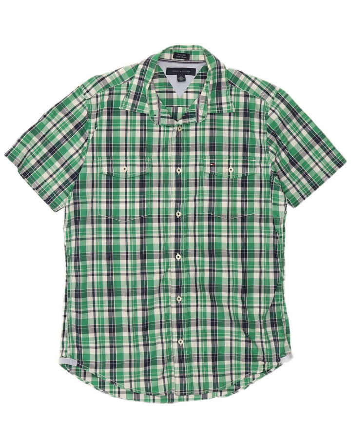 Tommy Hilfiger Mens Short Sleeve Custom Fit Shirt Medium Green Check Cotton