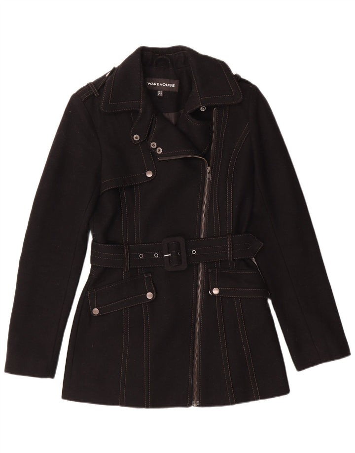 WAREHOUSE Womens Trench Coat UK 6 XS Black Wool