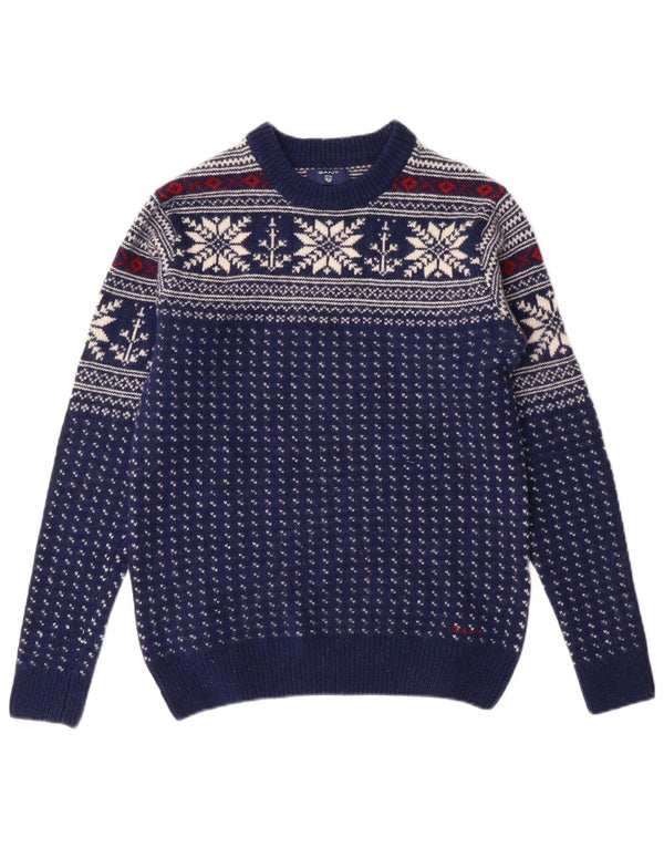 GANT Mens Crew Neck Jumper Sweater Small Navy Blue Fair Isle Wool