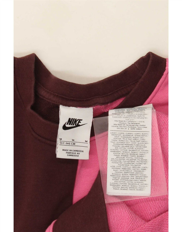 Nike Girls Graphic Sweatshirt Jumper 10-11 Years Medium Brown Colourblock