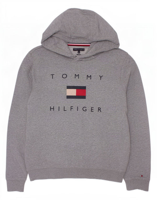 Tommy Hilfiger Boys Graphic Hoodie Jumper 13-14 Years Grey Flecked Cotton