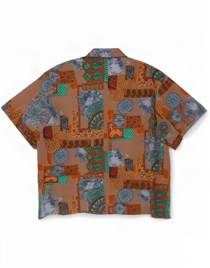 Vintage Womens Short Sleeve Shirt Blouse UK 20 2XL Brown Patchwork Silk