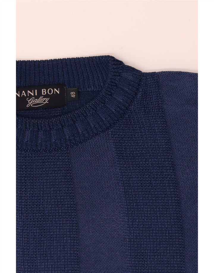 NANI BON Mens Crew Neck Jumper Sweater IT 48 Medium Navy Blue Striped Rayon