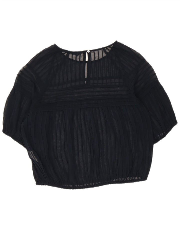 Zara Womens Crop Blouse Top UK 14 Medium Navy Blue Striped Polyester
