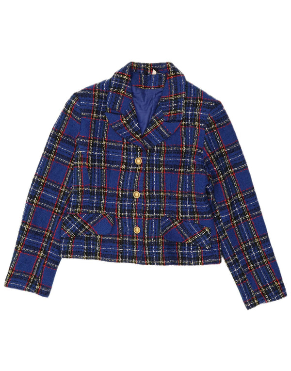 Euronova Womens Crop 3 Button Blazer Jacket IT 44 Medium Blue Check Acrylic