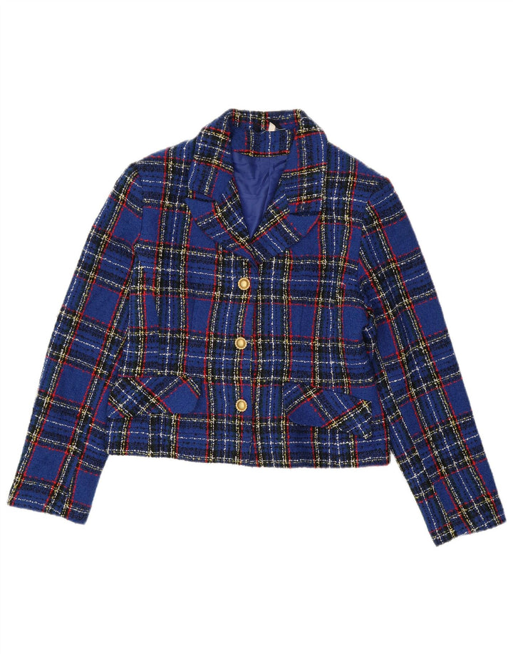 Euronova Womens Crop 3 Button Blazer Jacket IT 44 Medium Blue Check Acrylic