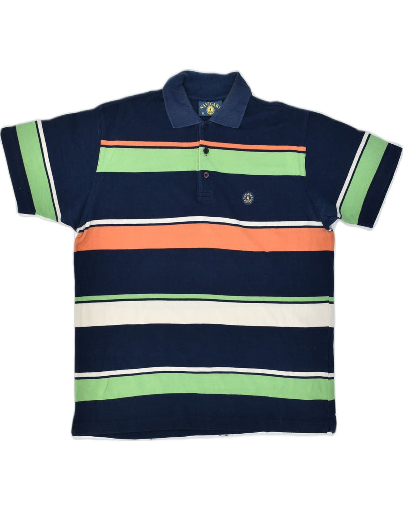 NAVIGARE Mens Polo Shirt XL Navy Blue Striped Cotton Classic | Vintage | Thrift | Second-Hand | Used Clothing | Messina Hembry 