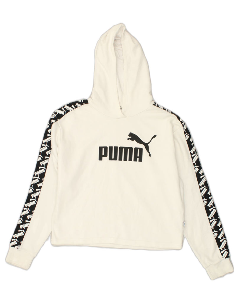 PUMA Womens Oversized Graphic Hoodie Jumper UK 10 Small White Cotton | Vintage Puma | Thrift | Second-Hand Puma | Used Clothing | Messina Hembry 