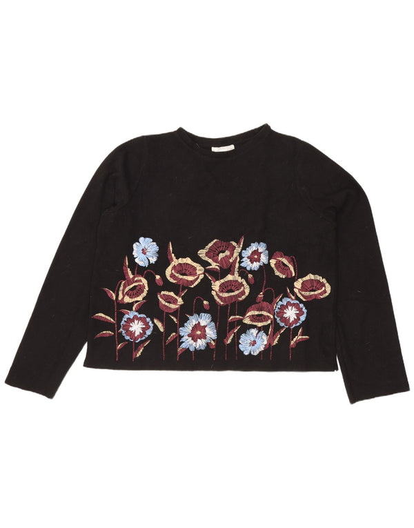 Zara Womens Crop Graphic Top Long Sleeve UK 14 Medium Black Floral