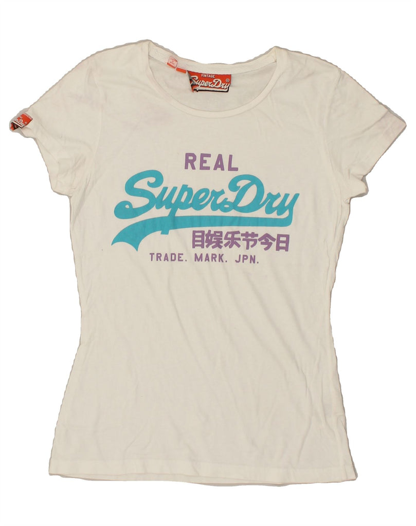 SUPERDRY Womens Graphic T-Shirt Top UK 12 Medium White Cotton Vintage Superdry and Second-Hand Superdry from Messina Hembry 