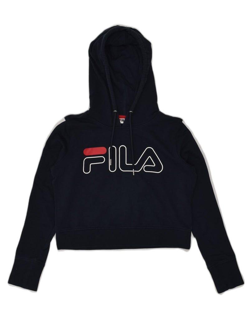 FILA Womens Crop Graphic Hoodie Jumper UK 6 XS Navy Blue Cotton | Vintage Fila | Thrift | Second-Hand Fila | Used Clothing | Messina Hembry 