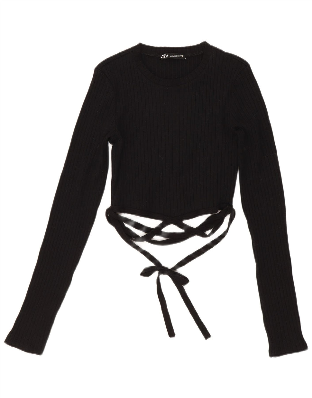Zara Womens Crop Top Long Sleeve UK 8 Small Black Cotton