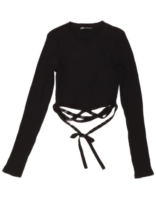 Zara Womens Crop Top Long Sleeve UK 8 Small Black Cotton