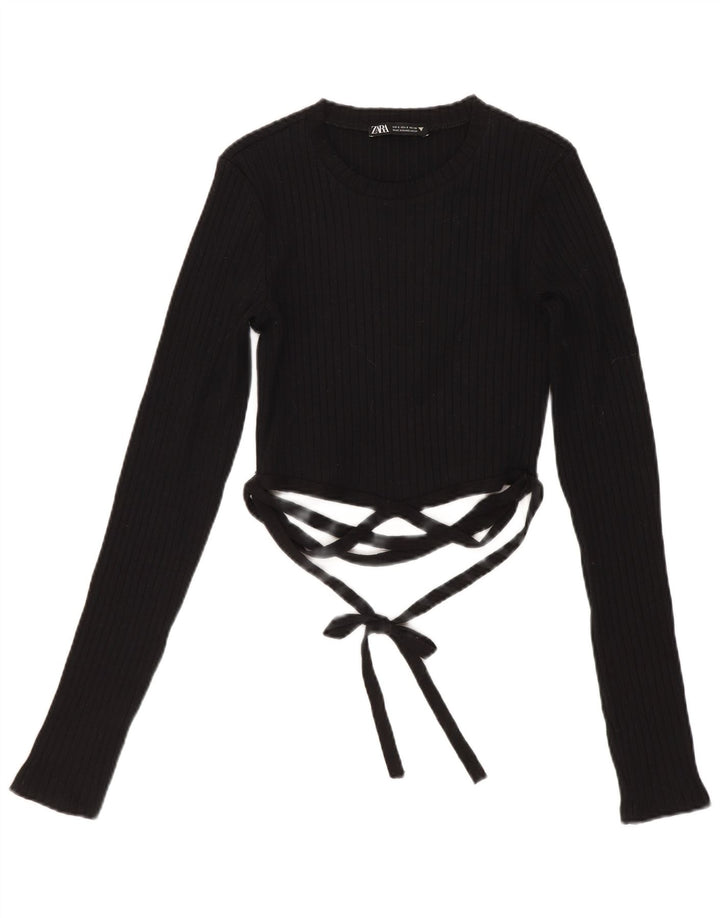 Zara Womens Crop Top Long Sleeve UK 8 Small Black Cotton