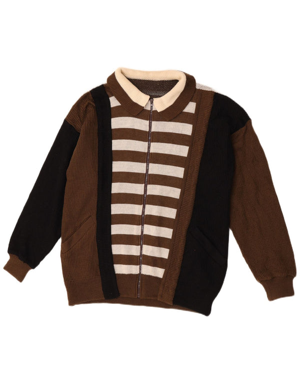 Kansai Yamamoto Mens Graphic Cardigan Sweater Medium Brown Colourblock Wool