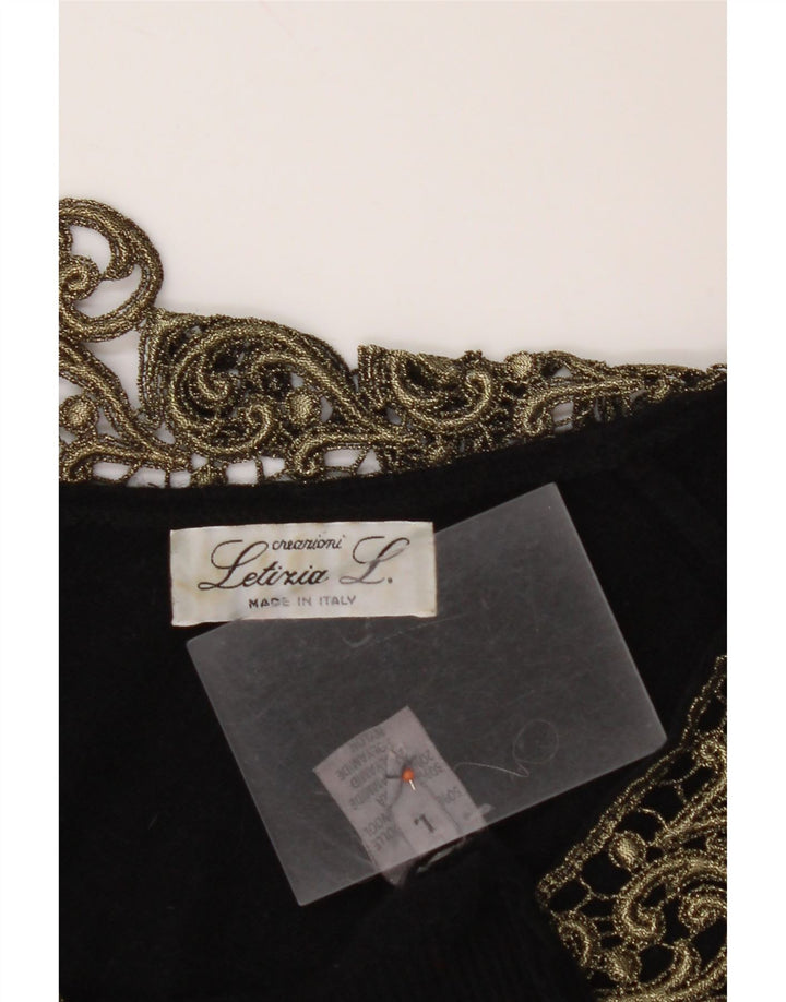 LETIZIA L. Womens V-Neck Jumper Sweater UK 16 Large Black Paisley Wool