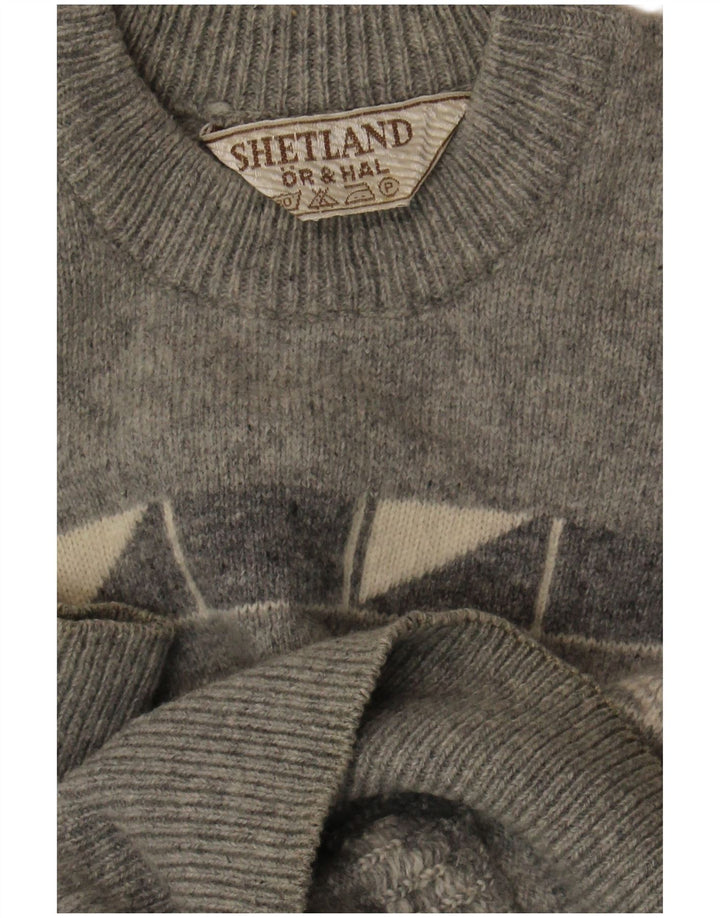 Vintage Mens Crew Neck Jumper Sweater Medium Grey Geometric