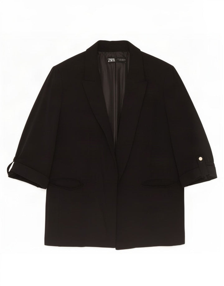 Zara Womens 3/4 Sleeve Open Blazer Jacket UK 16 Large Black Polyester