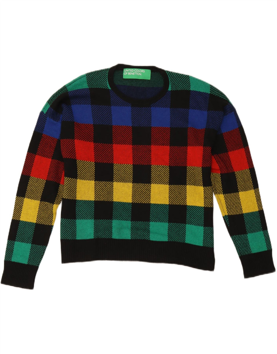 Benetton Womens Crew Neck Jumper Sweater UK 16 Large Multicoloured Check